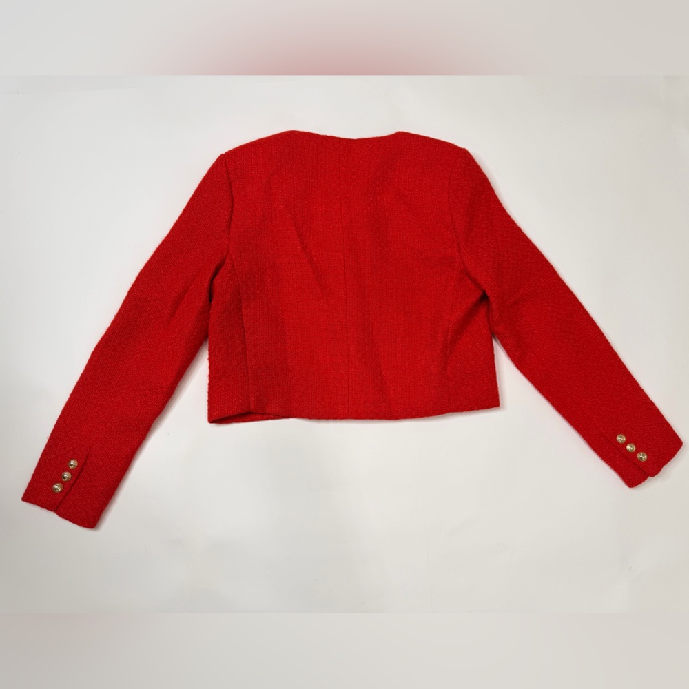 Cropped Red Blazer Boucle Crop Short Jacket Chic Ruby Rose Tweed Suit Notch Crew - Picture 5 of 17
